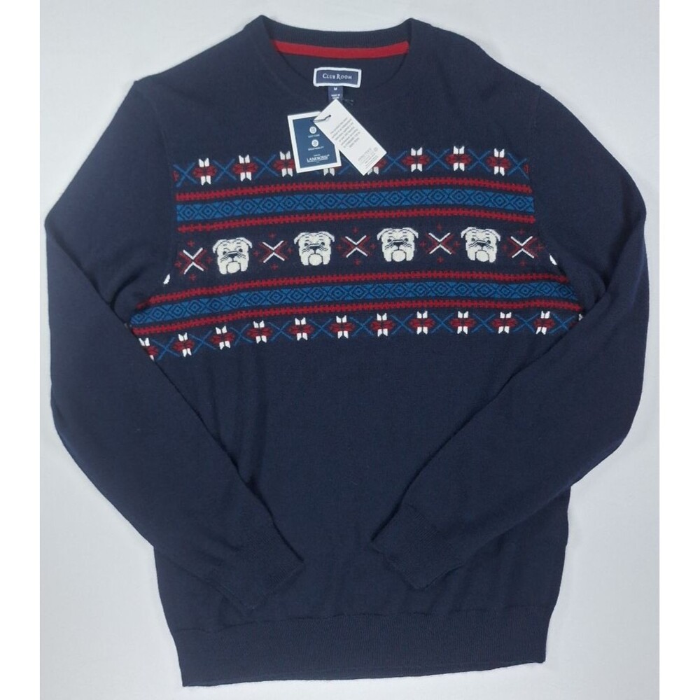 Club Room Men's Medium Bulldog Winter Sweater Navy Blue Merino Wool Blend